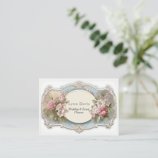 Elegant Roze Rozen  Victoriaans Bruiloft Visitekaartje (Staand voorkant)