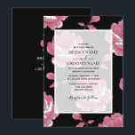 Elegant roze  Rozen Wedding Invitations Kaart<br><div class="desc">Dit ontwerp is voorzien van elegante roze rozen. Met zwarte achtergrond in combinatie met roze bloemen. Ondoorzichtige witte laag, witte grens en eenvoudige tekst creëer een verfijnde klasbare blik. De elegante geordende bloemige lay-out aan één kant en de zwarte opposante kant die de namen van de bruid en de bruidegom...</div>