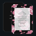 Elegant roze  Rozen Wedding Invitations Kaart<br><div class="desc">Dit ontwerp is voorzien van elegante roze rozen. Met zwarte achtergrond in combinatie met roze bloemen. Ondoorzichtige witte laag, witte grens en eenvoudige tekst creëer een verfijnde klasbare blik. De elegante geordende bloemige lay-out aan één kant en de zwarte opposante kant die de namen van de bruid en de bruidegom...</div>