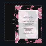 Elegant roze  Rozen Wedding Invitations Kaart<br><div class="desc">Dit ontwerp is voorzien van elegante roze rozen. Met zwarte achtergrond in combinatie met roze bloemen. Ondoorzichtige witte laag, witte grens en eenvoudige tekst creëer een verfijnde klasbare blik. De elegante geordende bloemige lay-out aan één kant en de zwarte opposante kant die de namen van de bruid en de bruidegom...</div>