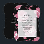 Elegant roze  Rozen Wedding Invitations Kaart<br><div class="desc">Dit ontwerp is voorzien van elegante roze rozen. Met zwarte achtergrond in combinatie met roze bloemen. Ondoorzichtige witte laag, witte grens en eenvoudige tekst creëer een verfijnde klasbare blik. De elegante geordende bloemige lay-out aan één kant en de zwarte opposante kant die de namen van de bruid en de bruidegom...</div>