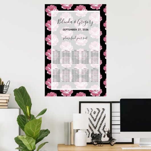 Elegant roze  Rozen Wedding Seding Chart Poster (Thuiskantoor)