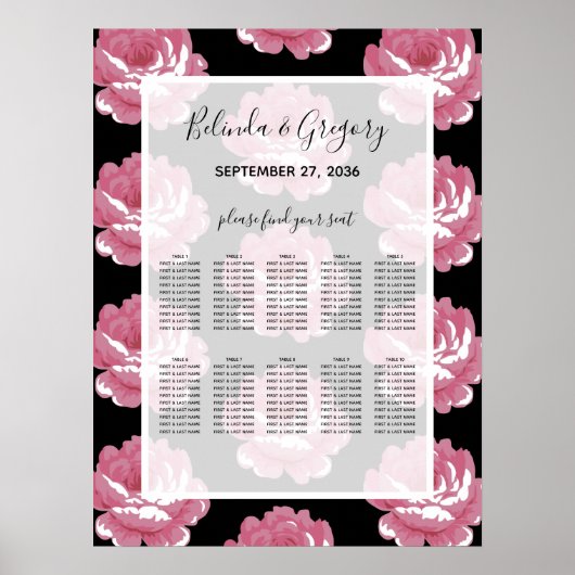 Elegant roze  Rozen Wedding Seding Chart Poster (Voorkant)