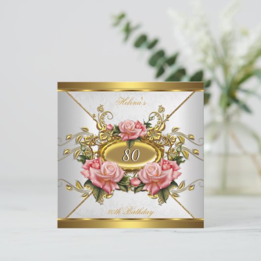Elegant roze Rozen White 80th Birthday Party Kaart (Staand voorkant)