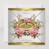 Elegant roze Rozen White 80th Birthday Party Kaart (Voorkant)