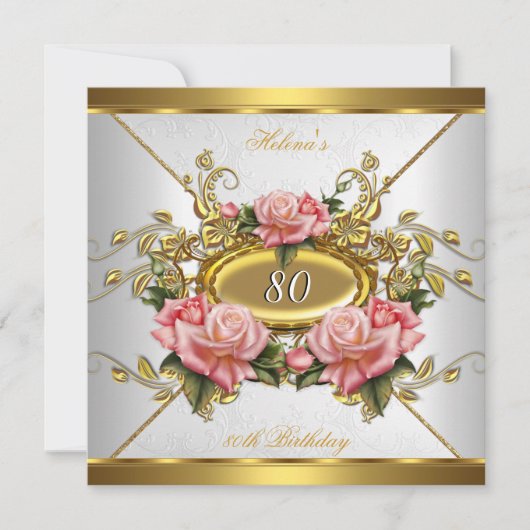 Elegant roze Rozen White 80th Birthday Party Kaart (Voorkant)