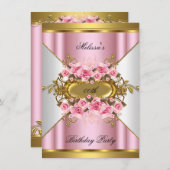 Elegant roze rozen White Gold Birthday Party Kaart (Voorkant / Achterkant)
