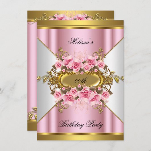 Elegant roze rozen White Gold Birthday Party Kaart (Voorkant / Achterkant)