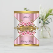 Elegant roze rozen White Gold Birthday Party Kaart (Staand voorkant)