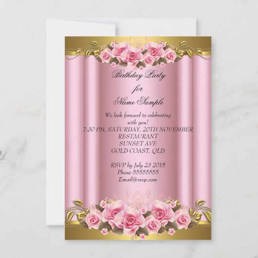 Elegant roze rozen White Gold Birthday Party Kaart (Achterkant)