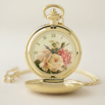 Elegant  roze rozen zakhorloge<br><div class="desc">Mooie en romantische pastelperzik,  crème en roze rozen van antiek bloemenlithografie illustratie. Optionele gouden Romeinse cijfers wijzerplaat.</div>