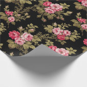 Elegant  roze rozen-zwarte achtergrond cadeaupapier (Hoek)