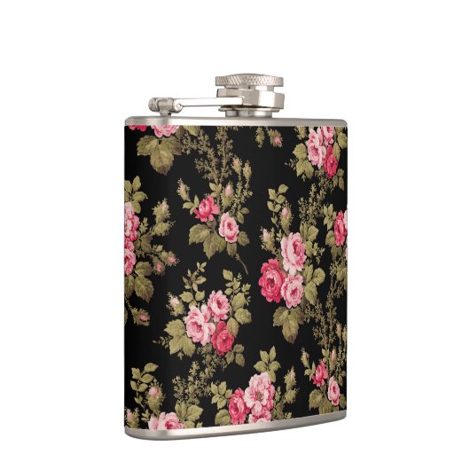 Elegant  roze rozen-zwarte achtergrond heupfles (Rechts)