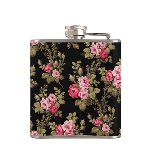 Elegant  roze rozen-zwarte achtergrond heupfles (Achterkant)