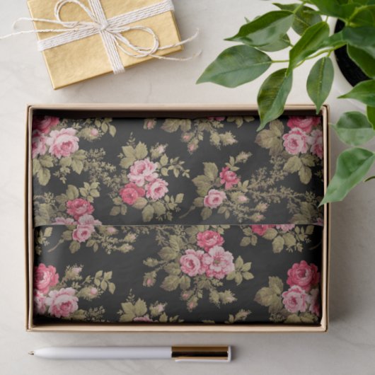Elegant roze rozen-zwarte achtergrond tissuepapier (Geschenk)