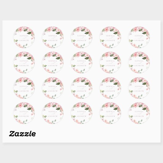 Elegant Roze Sakura Bloemen Bruiloft Ronde Sticker (Vel)
