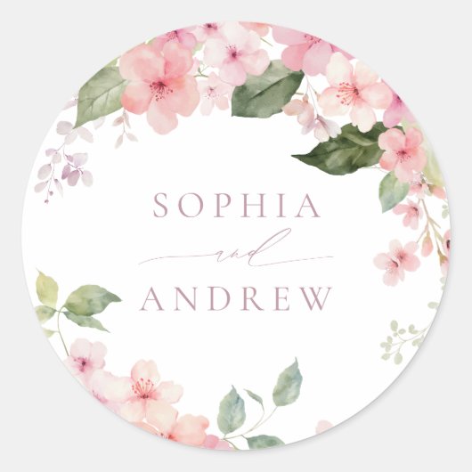 Elegant Roze Sakura Bloemen Bruiloft Ronde Sticker (Voorkant)