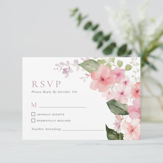 Elegant Roze Sakura Bloemen Bruiloft RSVP Kaart (Staand voorkant)