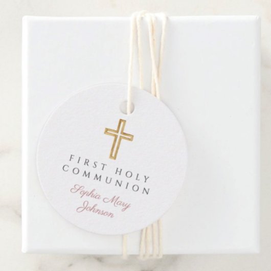 Elegant Roze Schrift Eerste Communie Rond Bedankjes Labels