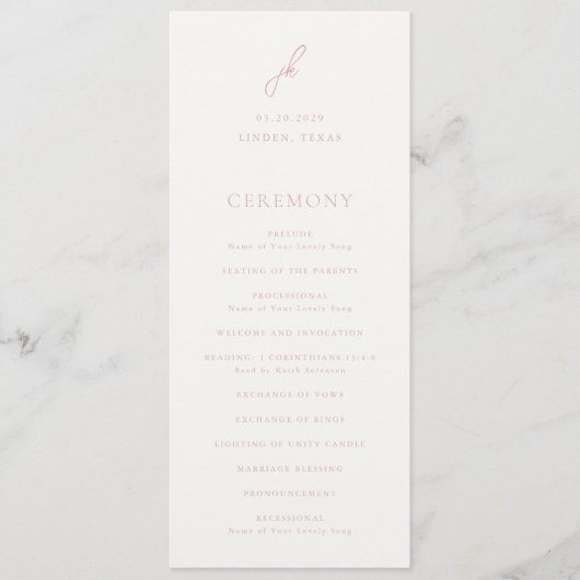 Elegant Roze Schrift Monogram Huwelijk Programmakaart (Voorkant)