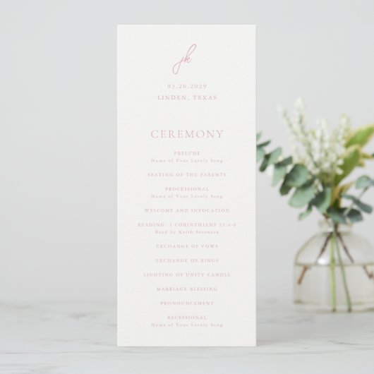 Elegant Roze Schrift Monogram Huwelijk Programmakaart (Staand voorkant)