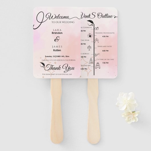Elegant roze Script bruiloft programma en tijdlijn Handwaaier (Voorkant en achterkant)