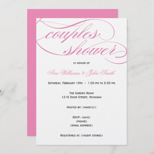 Elegant roze Script Couples Shower Invitation Kaart (Voorkant / Achterkant)