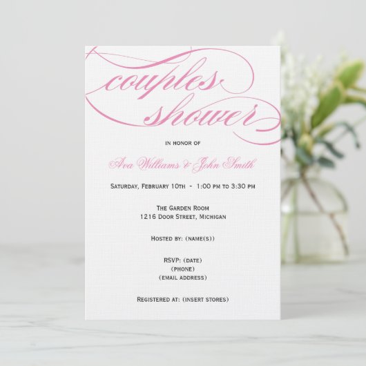 Elegant roze Script Couples Shower Invitation Kaart (Staand voorkant)