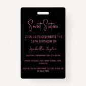Elegant roze Script Sweet Sixteen Uitnodiging VIP Badge (Achterkant)