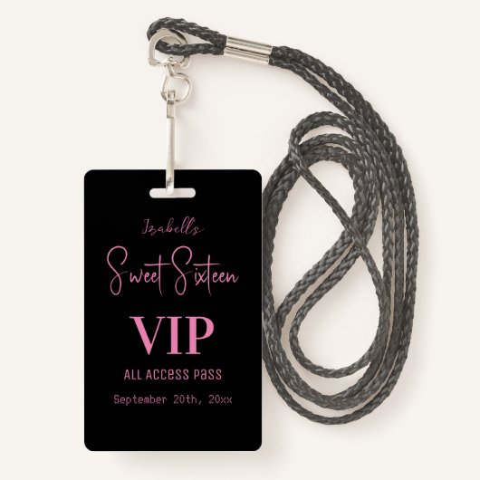 Elegant roze Script Sweet Sixteen Uitnodiging VIP Badge (Voorkant met draagriem)