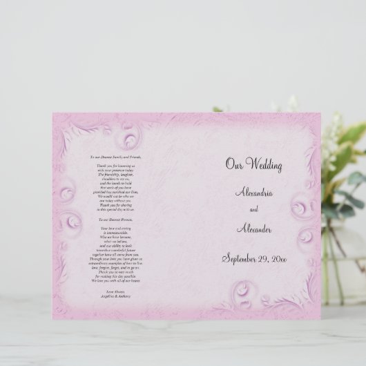 Elegant Roze Scrollwork Wedding Programme (Staand voorkant)