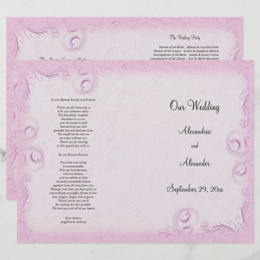 Elegant Roze Scrollwork Wedding Programme (Voorkant / Achterkant)