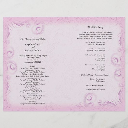 Elegant Roze Scrollwork Wedding Programme (Achterkant)