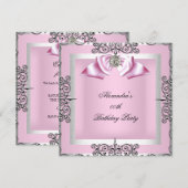 Elegant Roze Silver Birthday Party Kaart (Voorkant / Achterkant)