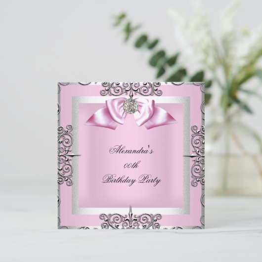 Elegant Roze Silver Birthday Party Kaart (Staand voorkant)