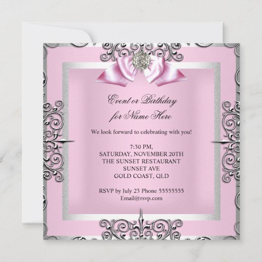 Elegant  Roze Silver Birthday Party Kaart (Achterkant)