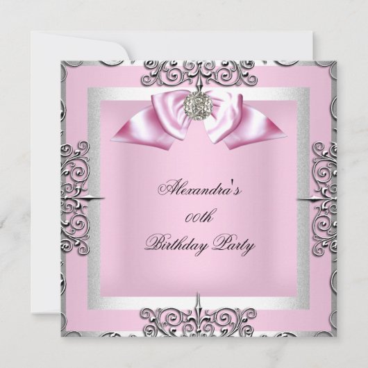 Elegant Roze Silver Birthday Party Kaart (Voorkant)