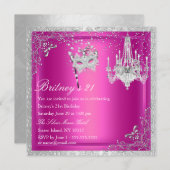 Elegant roze & Silver Masquerade 21st Invite Kaart (Voorkant / Achterkant)
