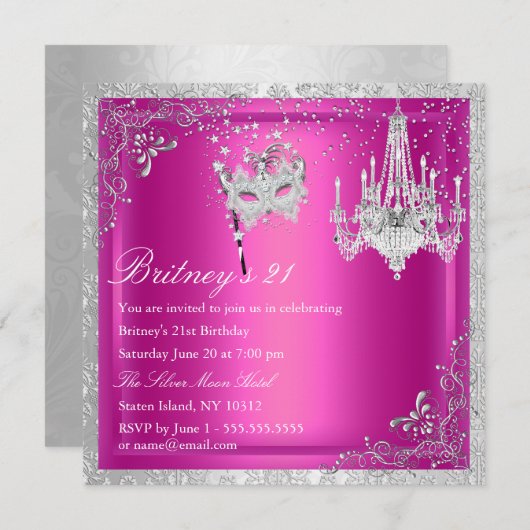 Elegant roze & Silver Masquerade 21st Invite Kaart (Voorkant / Achterkant)