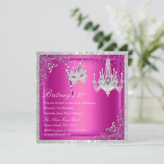 Elegant roze & Silver Masquerade 21st Invite Kaart (Staand voorkant)