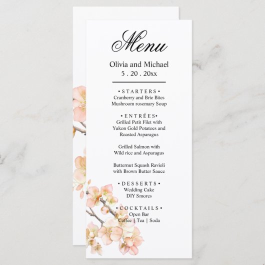 Elegant roze Sinaasappel bloesems elegant script Menu (Voorkant / Achterkant)
