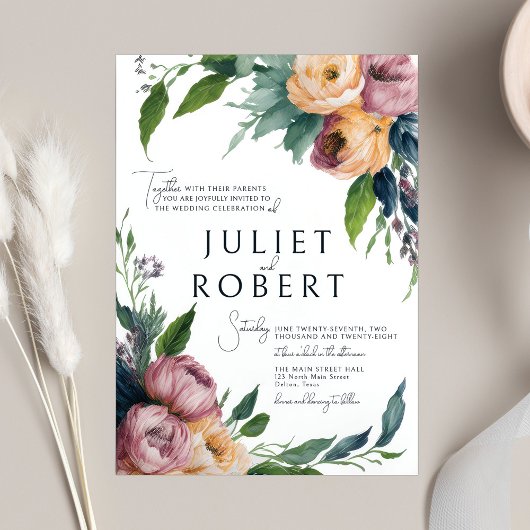 Elegant roze Sinaasappel Ranunculus Floral Wedding Kaart