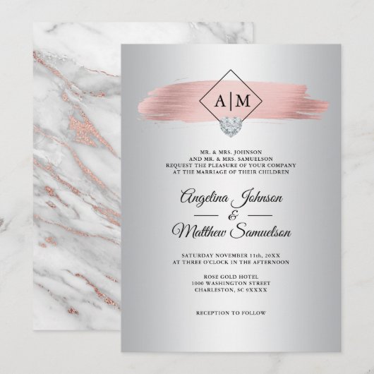 Elegant Roze Stoffig Roos Goud Marmer Zilveren Bru Kaart (Voorkant / Achterkant)