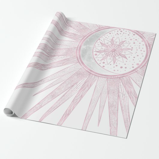 Elegant roze Sun Moon Doodle Mandala White Design Cadeaupapier (Uitgerold)