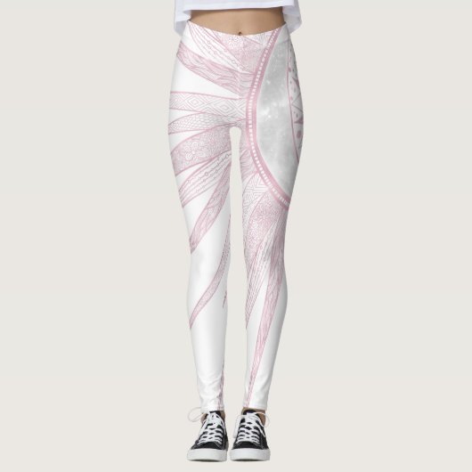 Elegant roze Sun Moon Doodle Mandala White Design Leggings (Voorkant)