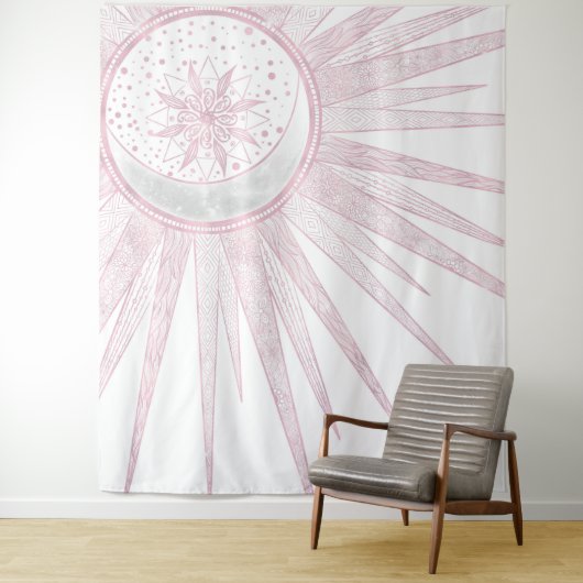 Elegant roze Sun Moon Doodle Mandala White Design Wandkleed (In situ)