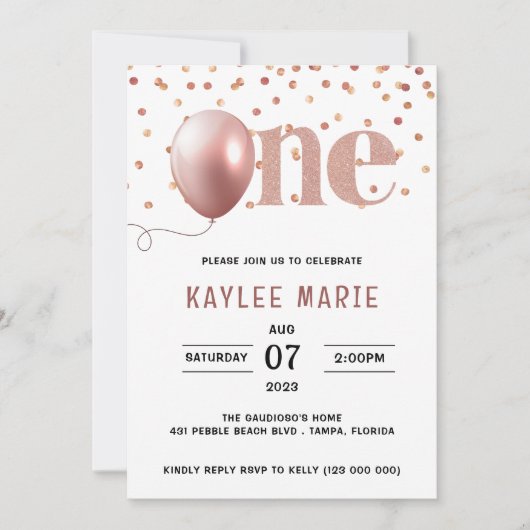 Elegant Roze Thema 1e verjaardag Uitnodiging (Voorkant)