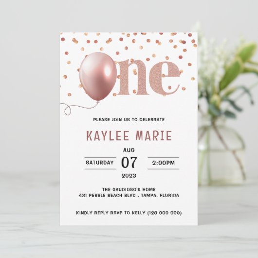 Elegant Roze Thema 1e verjaardag Uitnodiging (Staand voorkant)