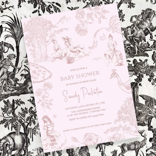 Elegant Roze Toile de Jouy Picknick Baby shower Kaart