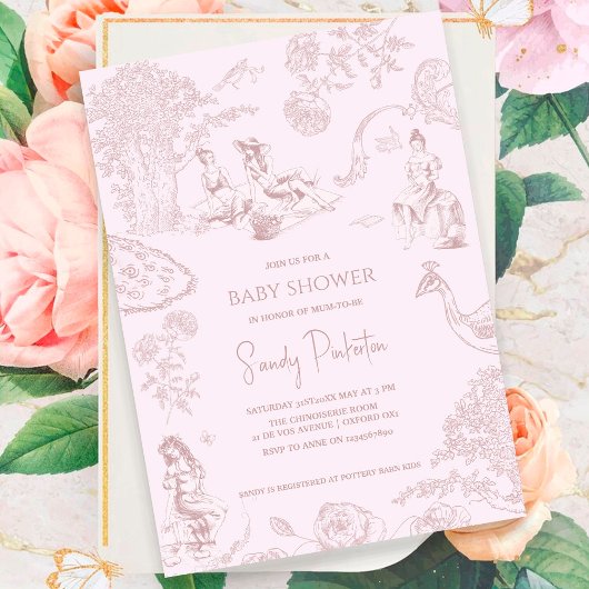 Elegant Roze Toile de Jouy Picknick Baby shower Kaart
